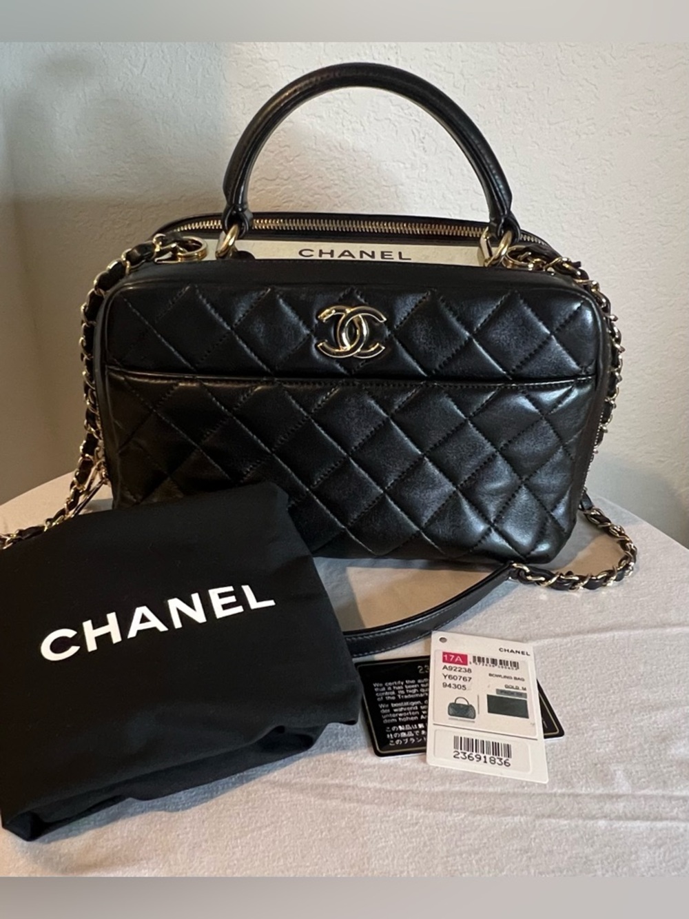 Chanel Trendy CC Bowler Bag Black Lambskin Gold Hardware Top Handle Crossbody